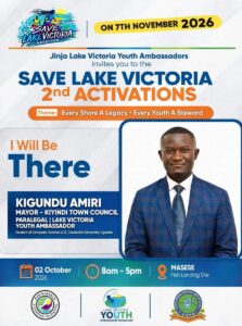 Mayor & Youth Ambassador Kigundu Amiri stands with the Save Lake Victoria movement at Masese Fish Landing Site, Jinja
