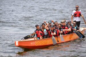 A determined crew powers through Lake Victoria during the African Dragon Boat Racing championship, demonstrating the skill, teamwork and energy that defined the three-day continental event