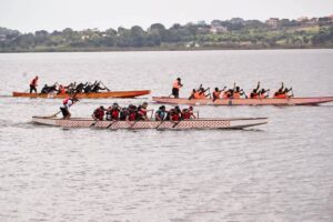 Multiple dragon boats race side-by-side on Lake Victoria as Uganda hosts the inaugural African Dragon Boat Racing competition, spotlighting the lake’s potential for water sports and adventure tourism