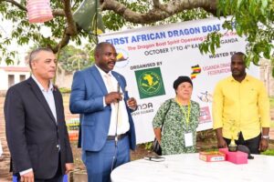 Officials address participants at the official opening of the First African Dragon Boat Festival (1st to 4th October) in Kawuku, organised by the African Dragon Boat Federation and hosted by the Uganda Dragon Boat Federation