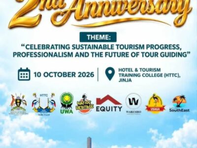 Official poster for the Jinja Tour Guides’ Association (JITOGA) 2nd Anniversary celebration held on 10th October 2026 at the Hotel & Tourism Training College (HTTC) in Jinja, under the theme “Celebrating Sustainable Tourism Progress, Professionalism and the Future of Tour Guiding.” Jinja Tour Guides' Association 2nd Anniversary