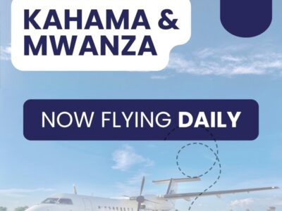 Auric Air promotional image announcing daily flights from Dar es Salaam to Kahama and Mwanza, expanding connectivity to Tanzania’s Lake Zone Auric Air